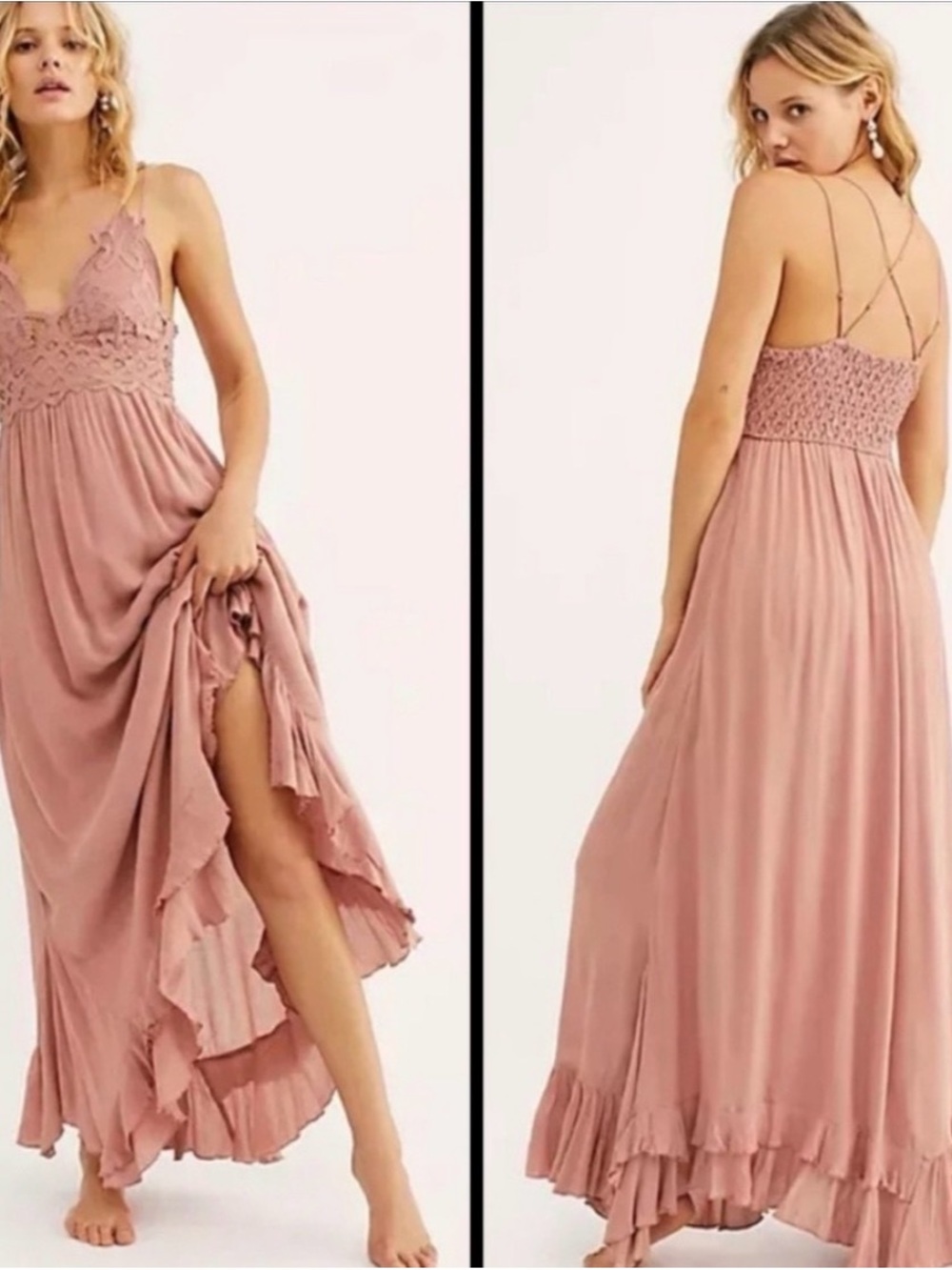 FREE PEOPLE "Adella" Maxi Slip Dress With Lace Top, Rose Pink, Size XS, EUC